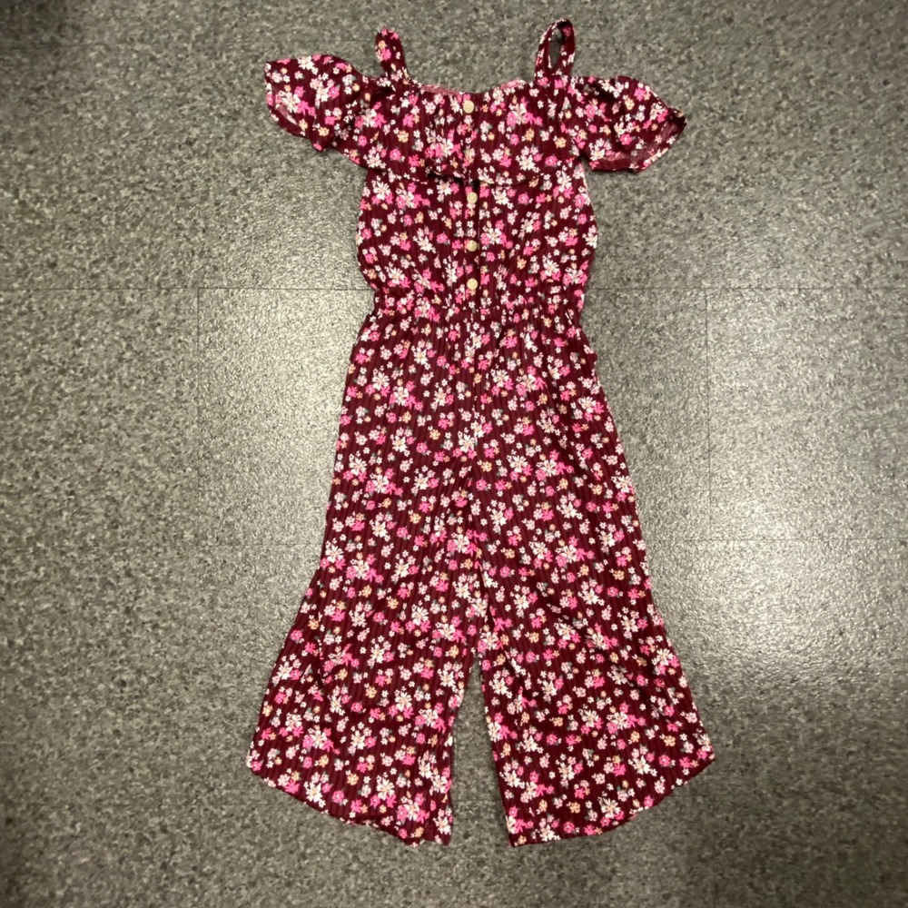 Justice Jumpsuit Kids Size S (7/8) Burgundy Excellent Floral Cold Shoulder Boho‎